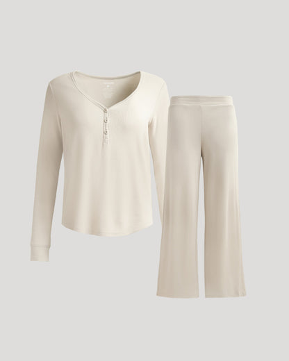 True Classic Women's Waffle Knit Henley & Wide Leg Pant Set  Soft Modal-Cotton 2-Piece Loungewear, Cozy Long Sleeve Top & Relaxed Pants
