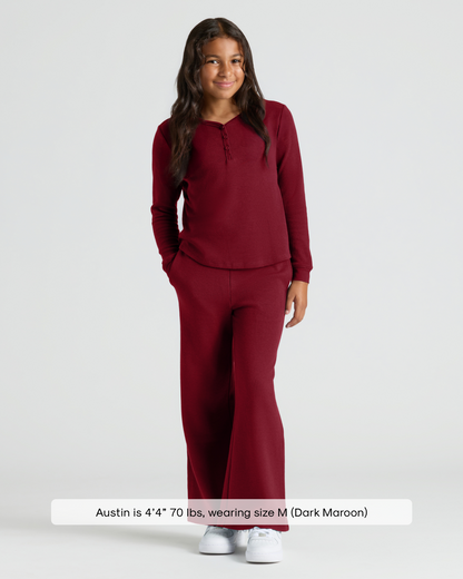 Girls Dark Maroon Waffle Wide Leg Pants