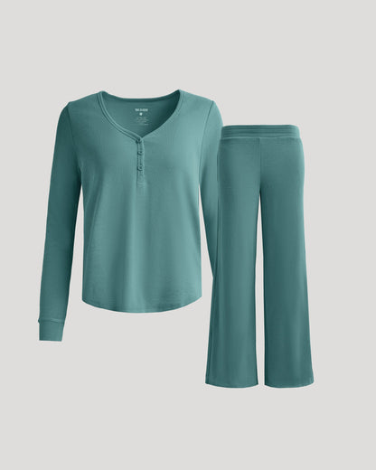 True Classic Women's Waffle Knit Henley & Wide Leg Pant Set - 2-Piece Loungewear, Cozy Long Sleeve Top & Relaxed Pants