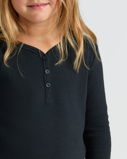Girls Black Long Sleeve Boxy Waffle Henley