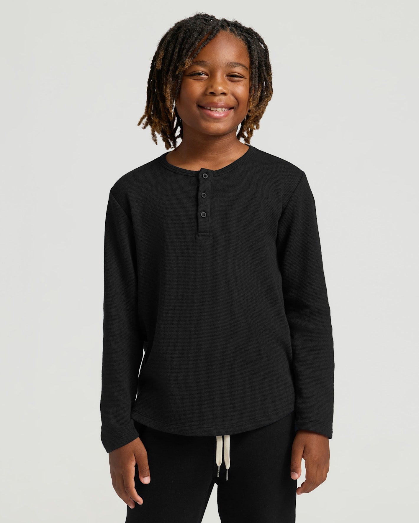Boys' All Black Waffle Long Sleeve Curved Hem Henley 6-Pack