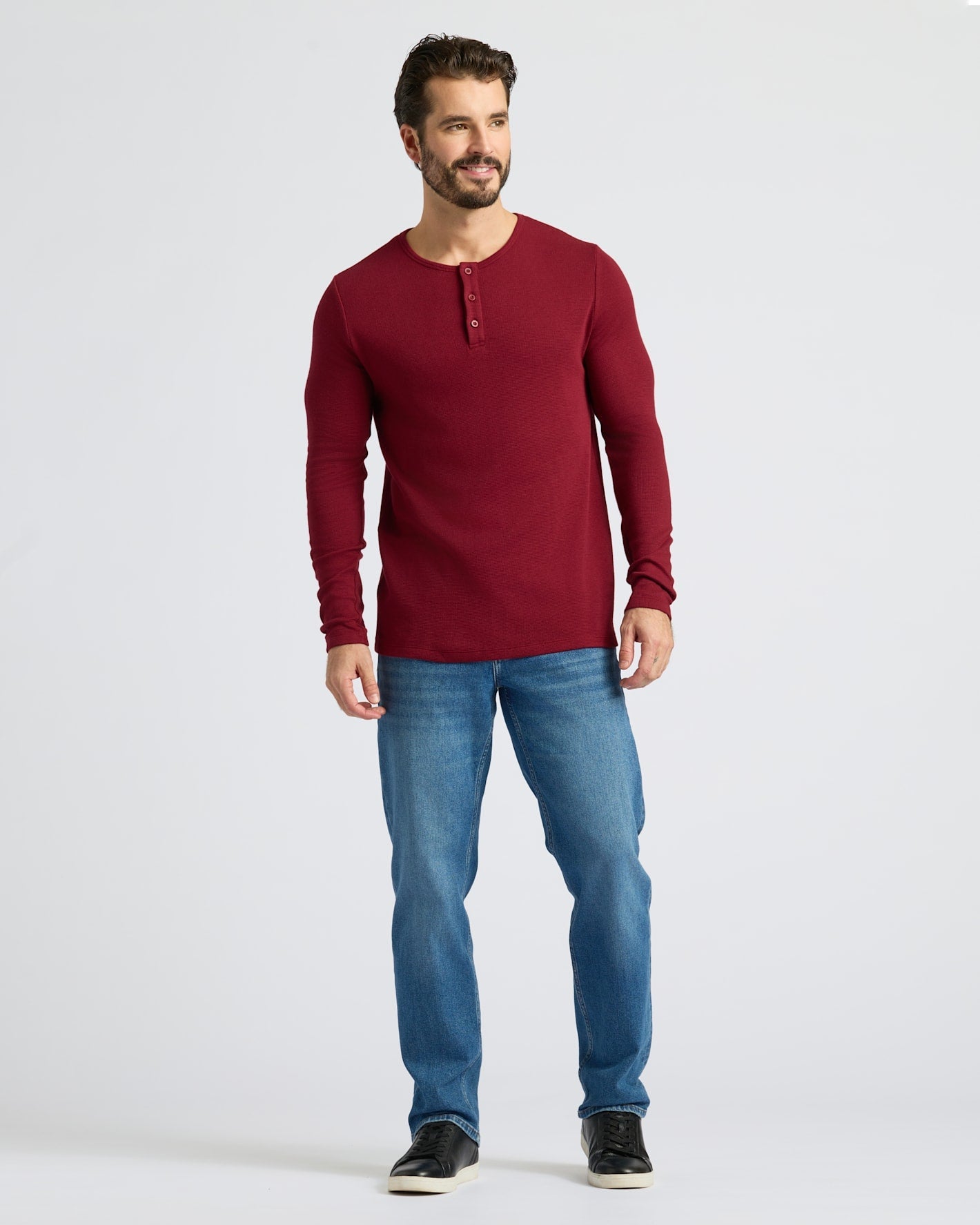 Dark Maroon Waffle Long Sleeve Henley 3-Pack