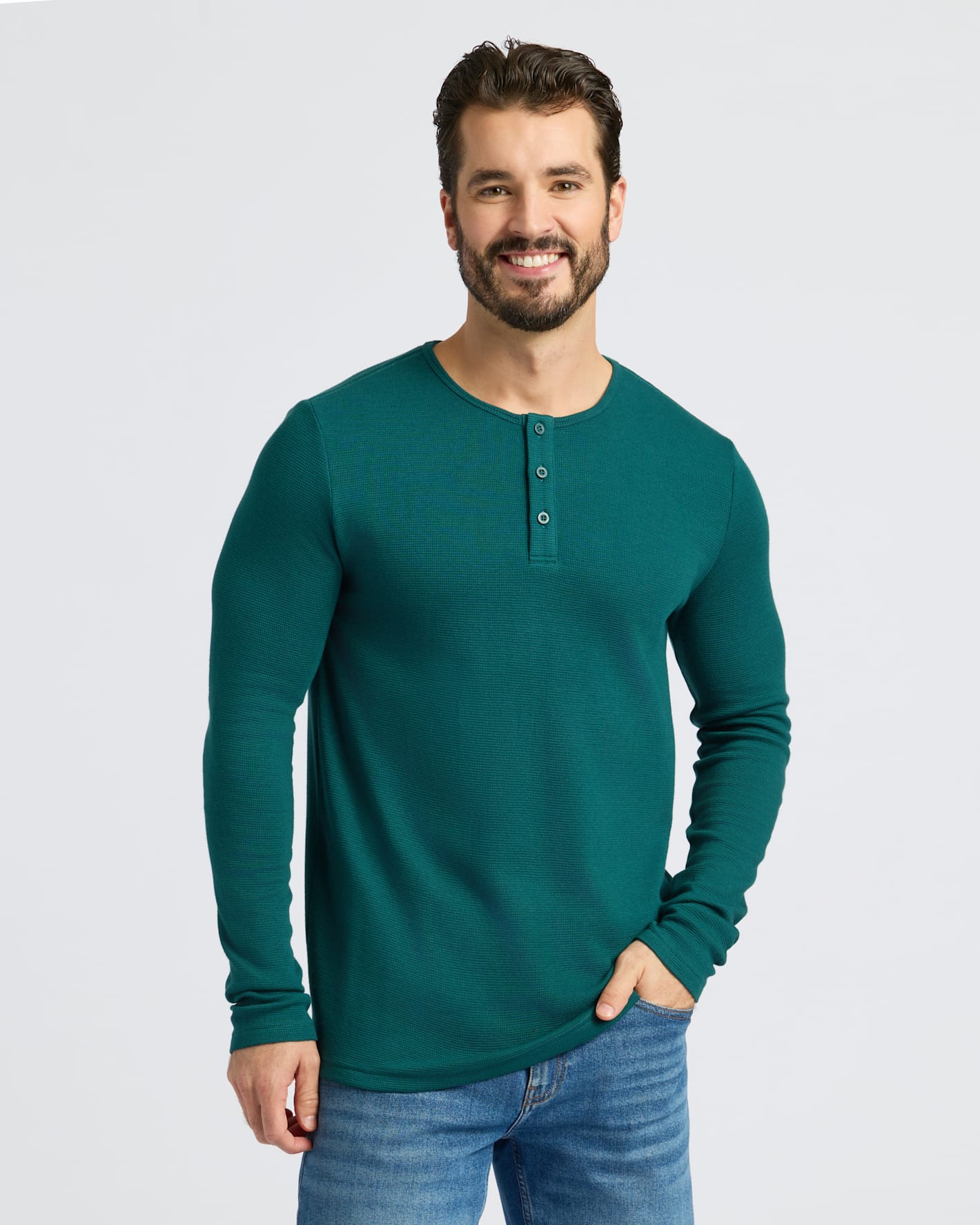 Deep Emerald Waffle Long Sleeve Henley 3-Pack