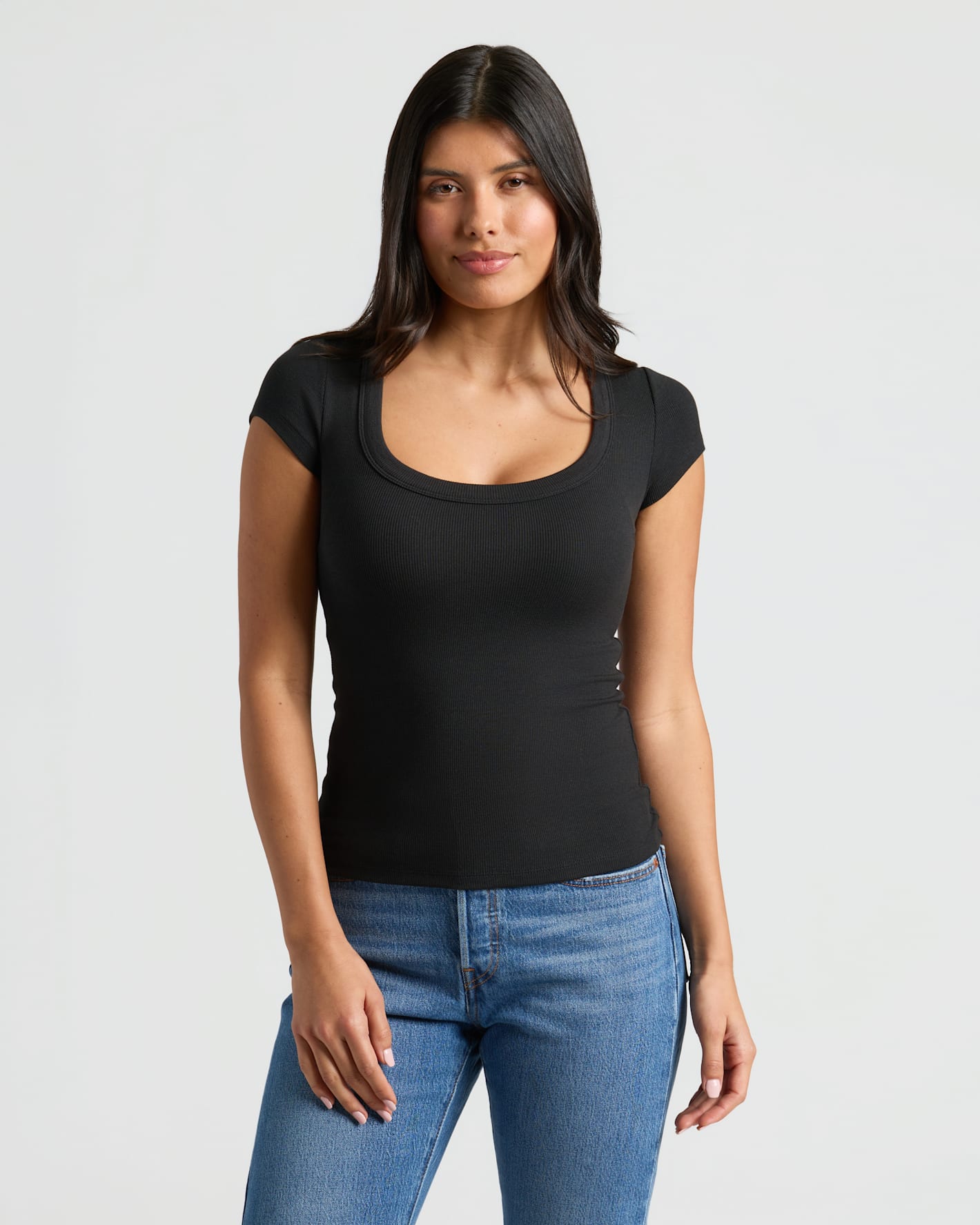 Womens Black Ribbed U-Neck Tee 3-Pack