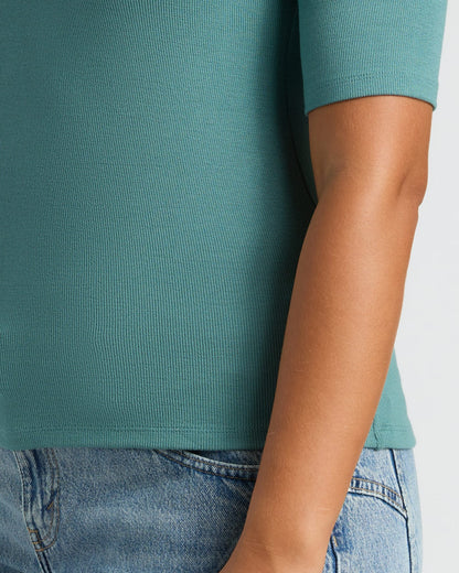 Womens Stormcloud  Ribbed 3/4 Sleeve Scoop Neck Tee
