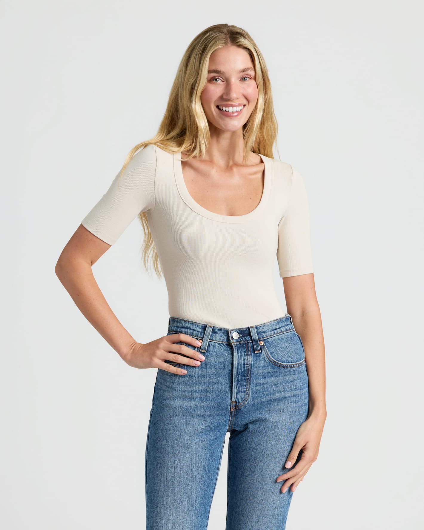 Womens Oatmeal Ribbed 3/4 Sleeve Scoop Neck Tee 3-Pack