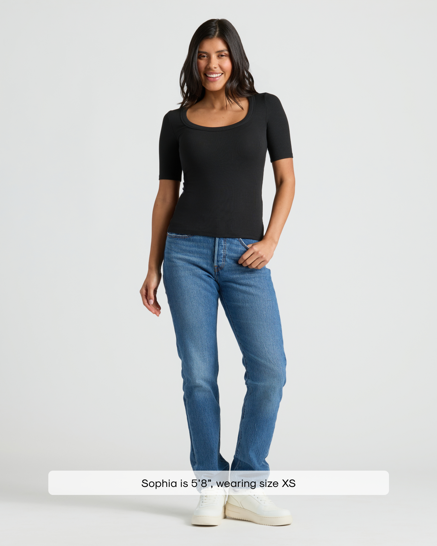 Womens Black Ribbed 3/4 Sleeve Scoop Neck Tee