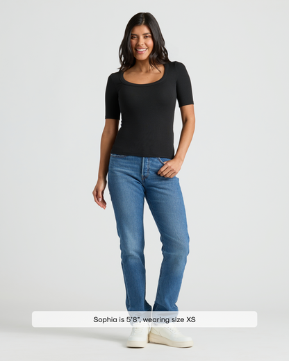 Womens Black Ribbed 3/4 Sleeve Scoop Neck Tee