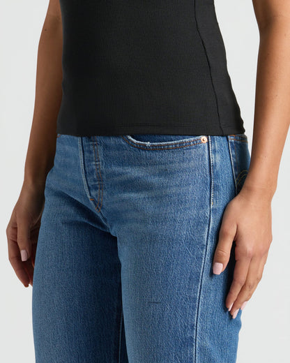 Womens Black Ribbed 3/4 Sleeve Scoop Neck Tee