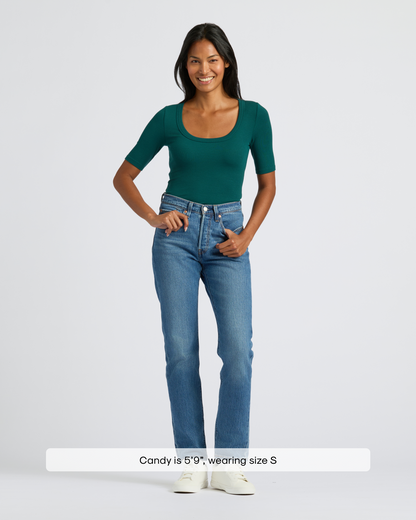Womens Deep Emerald Ribbed 3/4 Sleeve Scoop Neck Tee