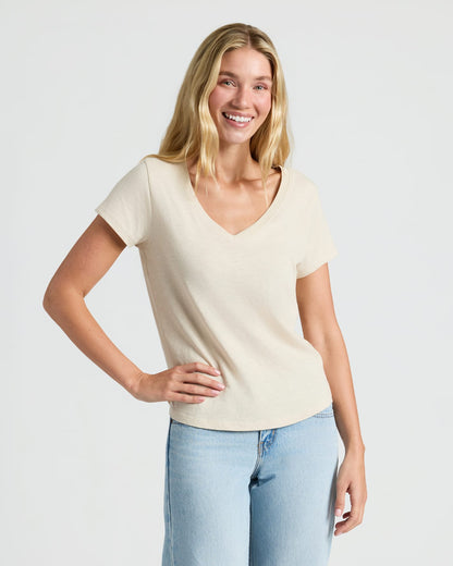 Womens Oatmeal Relaxed Slub V-Neck Tee 2-Pack