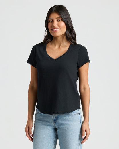 Womens Black & White Relaxed Slub V-Neck Tee 4-Pack