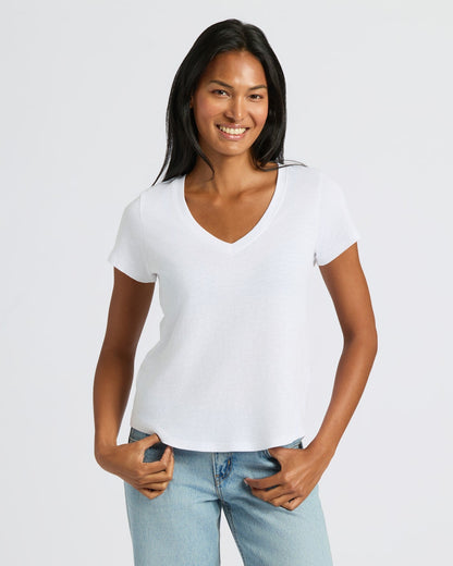 Womens White Relaxed Slub V-Neck Tee 4-Pack