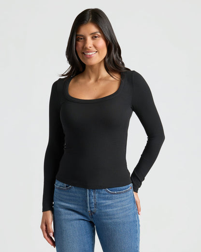 Womens Ribbed Long Sleeve Scoop Neck Tee 6-Pack