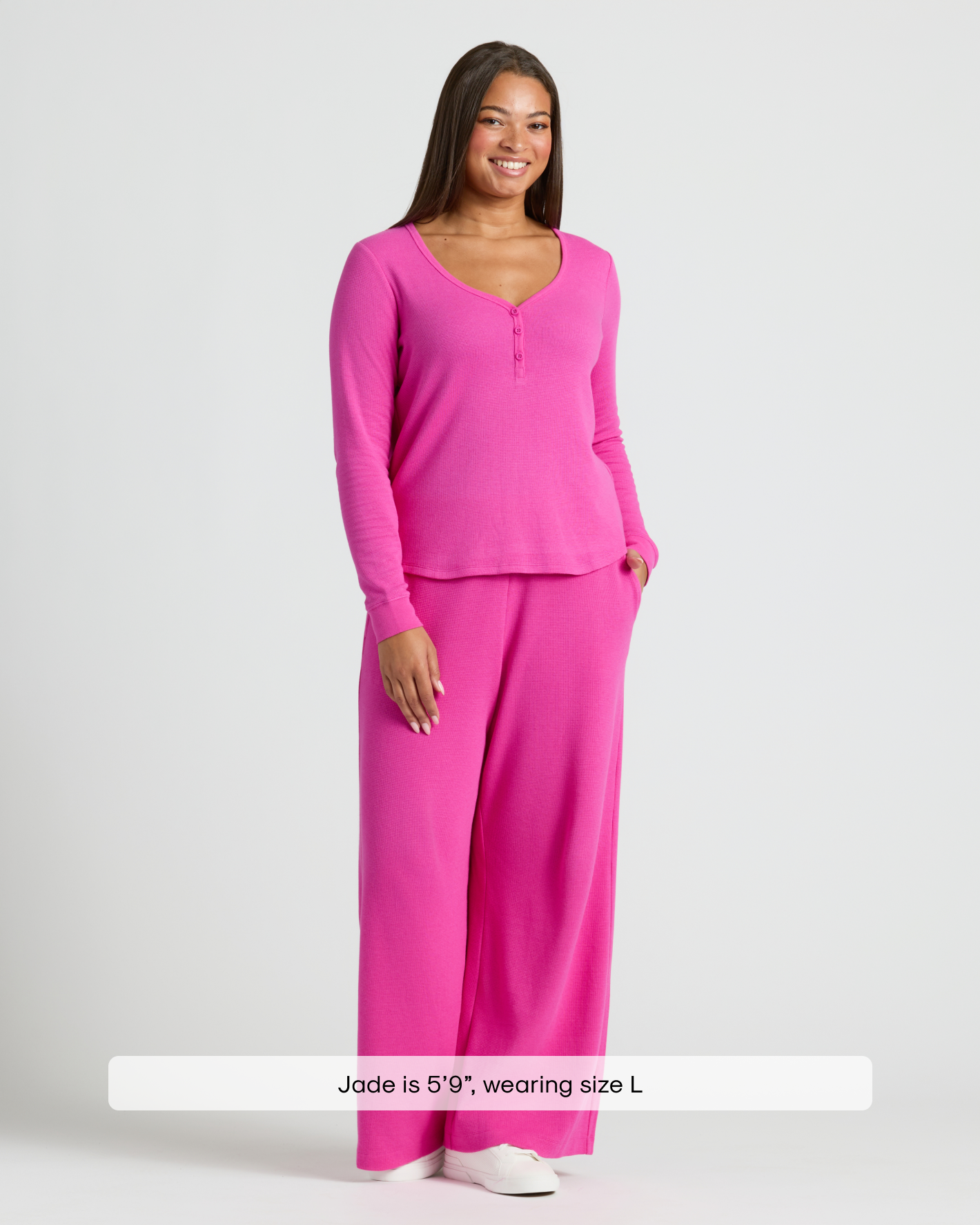 Womens Electric Fuchsia Waffle Long Sleeve Henley & Waffle Leg Pant 2-Pack