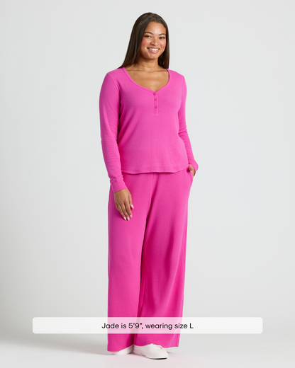 Womens Electric Fuchsia Waffle Long Sleeve Boxy Henley