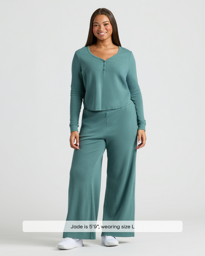 True Classic Women's Waffle Knit Henley & Wide Leg Pant Set  Soft Modal-Cotton 2-Piece Loungewear, Cozy Long Sleeve Top & Relaxed Pants