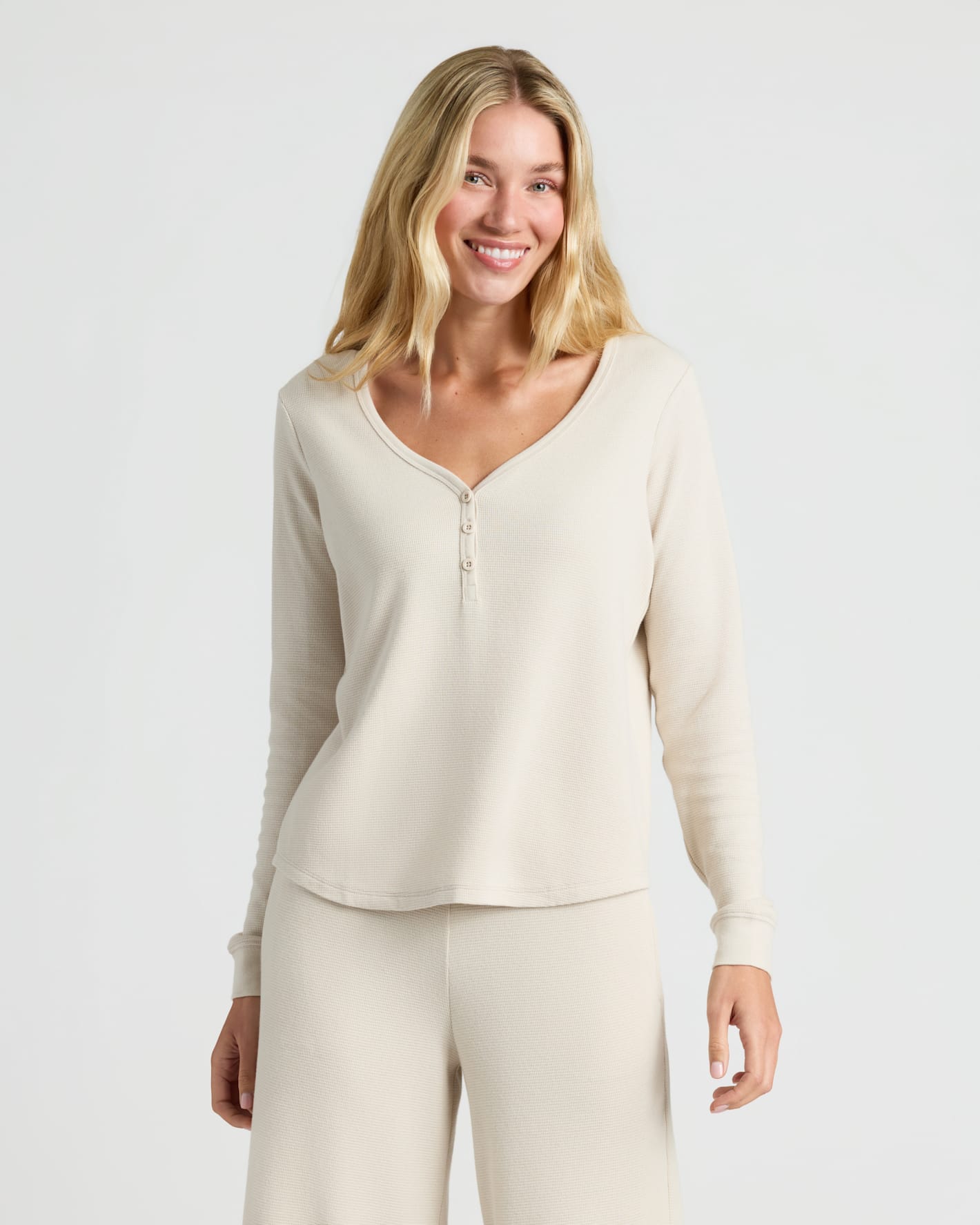 Womens Oatmeal Waffle Long Sleeve Henley & Waffle Leg Pant 2-Pack