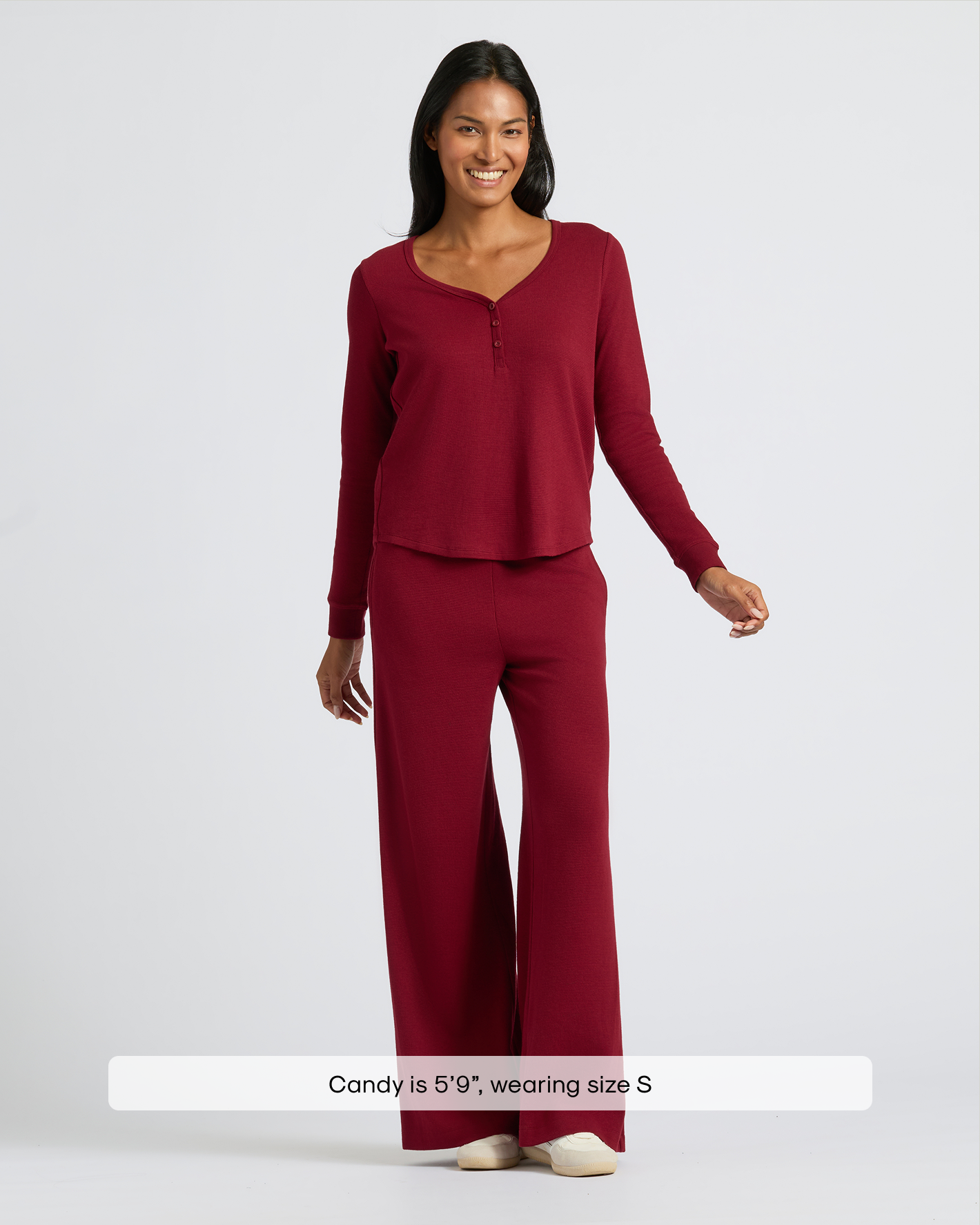 Womens Dark Maroon Waffle Long Sleeve Boxy Henley