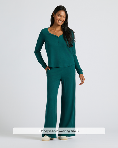 Womens Deep Emerald Waffle Long Sleeve Henley & Waffle Leg Pant 2-Pack