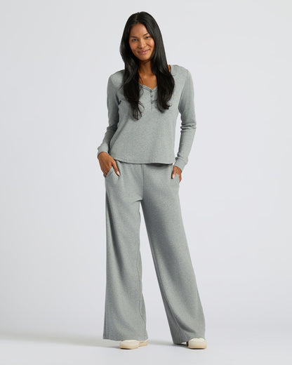 True Classic Women's Waffle Knit Henley & Wide Leg Pant Set - 2-Piece Loungewear, Cozy Long Sleeve Top & Relaxed Pants