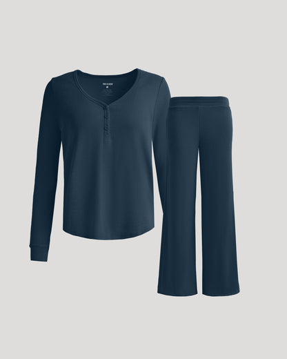 True Classic Women's Waffle Knit Henley & Wide Leg Pant Set - 2-Piece Loungewear, Cozy Long Sleeve Top & Relaxed Pants